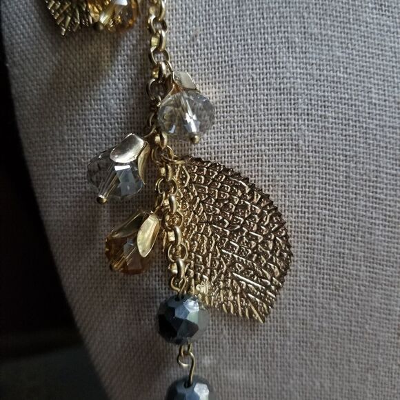 NWT M. Haskell Modern Gold Metallic Leaves Beaded Long Necklace Costume Jewelry - Picture 4 of 6